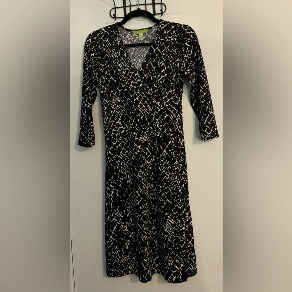 Sigrid Olsen Womens XS Faux Wrap Dress Black‎ White Burgundy Geometric Print